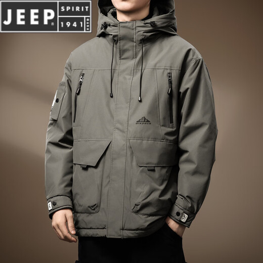 JEEP SPIRIT new 90 duck down outdoor workwear down jacket men's autumn and winter loose thickened warm hooded jacket men's gray green M suitable for 110-130Jin Jin equals 0.5 kg