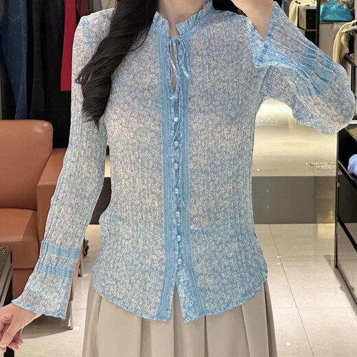 GIRDEAR 26 early spring Korean style women's new floral pleated texture floral print shirt 130156 light blue (2A88272) M (3)