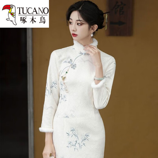 Woodpecker (TUCANO) new Chinese-style improved cheongsam new dress women's long-sleeved winter plus velvet winter long temperament women's autumn and winter style picture color S
