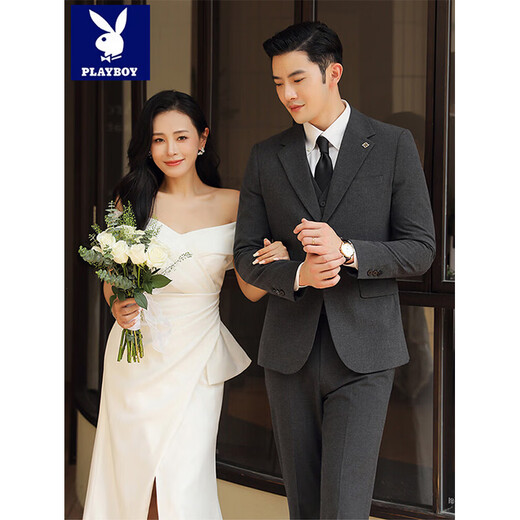 Playboy (PLAYBOY) Business Professional Formal Wear Groom Wedding Suit Suit Men's Korean Slim Dress Suit British Top Men Gray Single Button Suit+Pants+Tie XL Recommended 120-135Jin Jin equals 0.5 kg