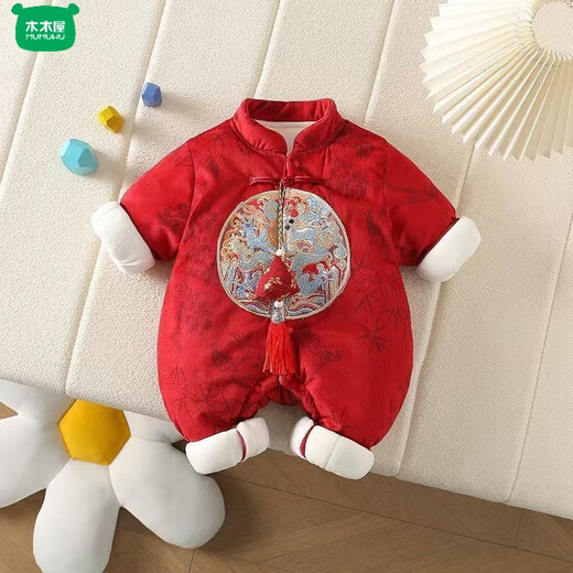 Wooden wooden house, free purse, winter velvet and cotton newborn wine red New Year's greetings one-piece one-piece long climbing 100-day full moon gift, with purse, new Chinese style red thickened khaki 100cm 36cm