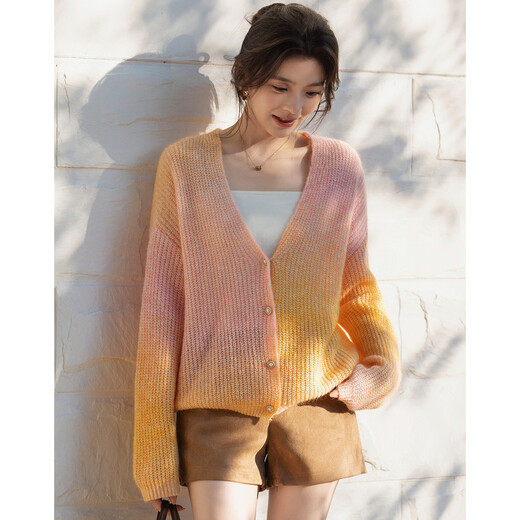 Demana sheep wool/mohair spring irregular gradient cardigan V-neck small slim knitted sweater for women