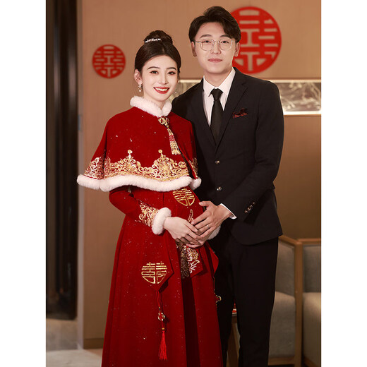 Shijanu Pregnant Women's Toast Wear Bride 2025 New Chinese Style Cheongsam Wedding Engagement Dress Large Size Fat mm Xiuhe Autumn and Winter Burgundy F0189-With Shawl (shawl detachable)_Length 138cm or so XS