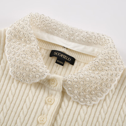 Scofield wool-containing women's retro cable short-sleeved knitted beaded lapel 2026 spring new arrival ivory white S 160