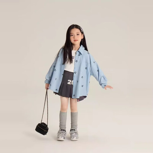 Children's shirts 2025 spring and autumn new style girls Korean style sweet all-over printed bow shirts baby tops and jackets trendy blue 170