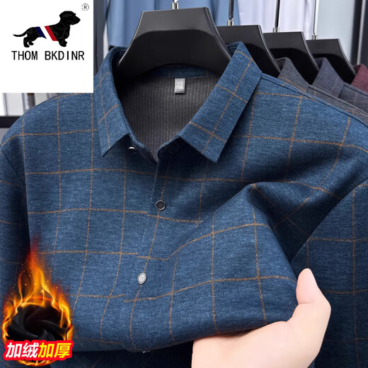 THOM BKDINR汤姆.布朗羊毛保暖蚕丝衬衫长袖加绒加厚衬衣中老年商务休闲格子 628灰色 加绒 XL 135-150斤穿