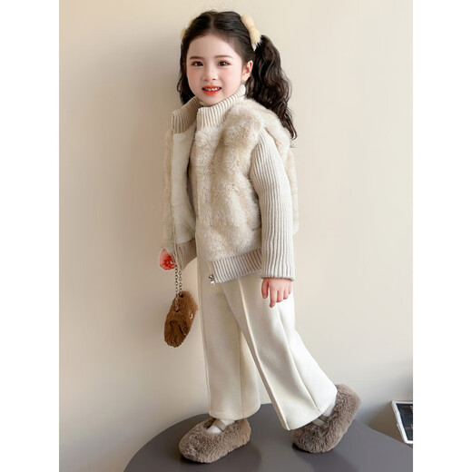 Disney girls' fur and velvet suit winter new style children's huge and good-looking winter clothes for babies, fashionable two-piece set for the New Year, cotton style pleated wide-leg pants 90 cm