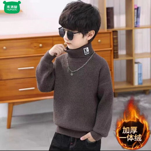 Wooden house children's clothing children's sweater all-in-one velvet turtleneck boys' sweater plus velvet thickened winter new medium and large children's bottoming shirt trendy black 100 recommended height 90-100