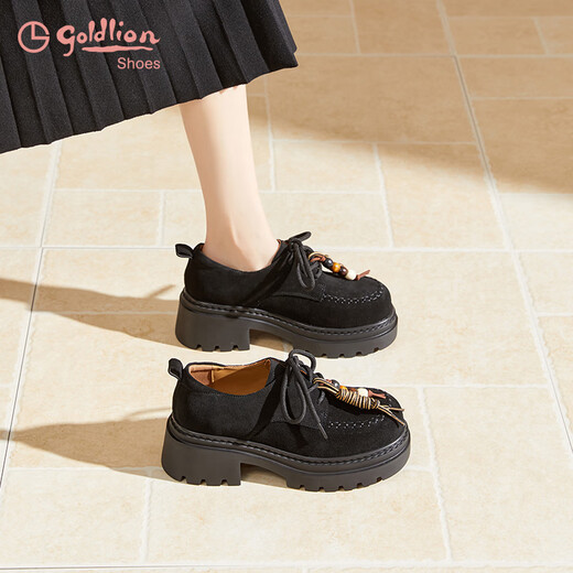 Goldlion Women's Shoes 2025 Autumn and Winter Thick Soled Loafers Retro Round Toe Lace Up Deep Mouth Small Leather Shoes G665540286 Black 37