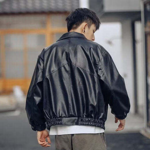 Korean style loose leather jacket for men, motorcycle suit, pilot leather jacket, handsome and versatile velvet thickened jacket for autumn and winter, black, small size, high quality M