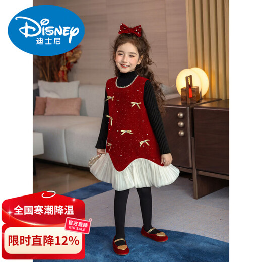 Disney Girls New Year Clothes Fashionable 66 Princess Children's Clothing Winter Skirt 2026 New Girl Red Dress Dress Red 110 cm