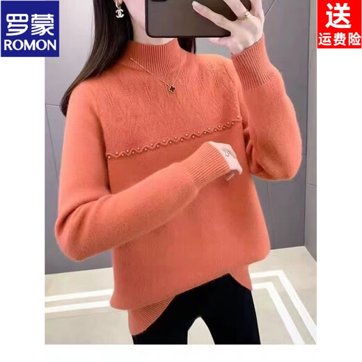 ROMON brand women's all-in-one velvet thickened bottoming sweater for women 26 autumn and winter new half turtleneck women's warm top black high quality quality assurance S recommended weight 90Jin Jin equals 0.5kg -105Jin Jin equals 0.5kg