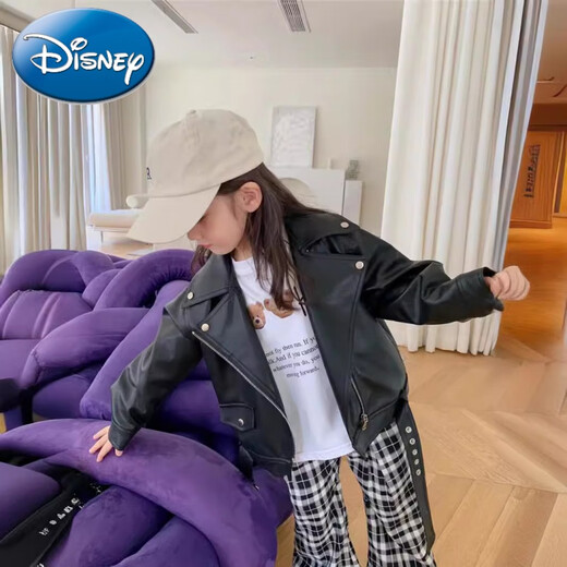 Disney (Disney) Girls Leather Jacket 2024 Autumn New Children's Style Korean Style Baby Motorcycle Jacket Spring and Autumn Jacket Top Black Motorcycle Lapel Leather Jacket 90 Tag 90 Suitable for 90cm