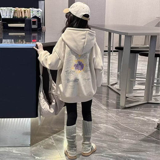 Now Pauline girls velvet sweatshirt autumn and winter 2025 new style loose mid-length children's spring and autumn tops for girls and boys hooded khaki_spring and autumn sweatshirt 120 cm