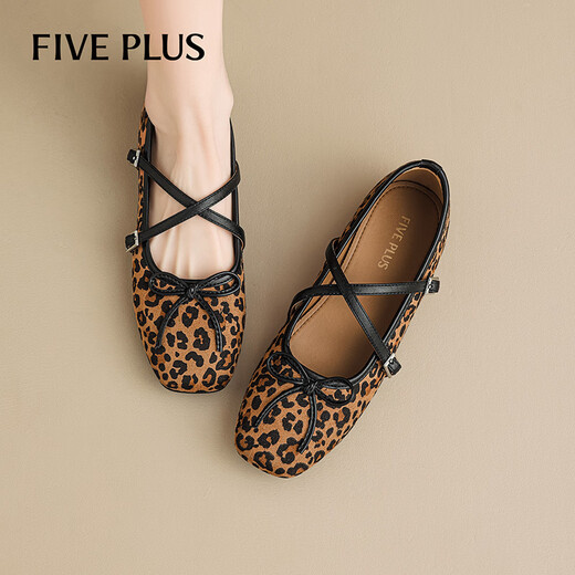 5+ (FivePlus) French style versatile cross-strap shallow-mouth single shoes for women 2026 spring and autumn new ballet fairy low-heeled Mary Jane shoes leopard color 38