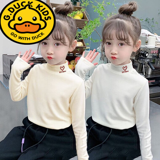 G.duck Little Yellow Duck Girls' Bottoming Shirt for Autumn and Winter for Big Girls with Half Turtle Collar and Western Style German Velvet Warm Top T-shirt Pink + White 100 (Recommended Height 85-95cm)