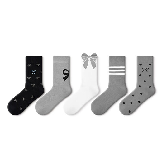 Pami striped socks for women spring and autumn 2025 new mid-calf socks letter sports tennis socks sweat-absorbent cotton socks gray bow mid-calf socks-pack 5 pairs one size fits all (36-43 sizes)