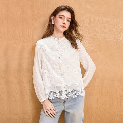 She pool lyocell lace shirt women's 2026 spring new light national style round neck long-sleeved shirt