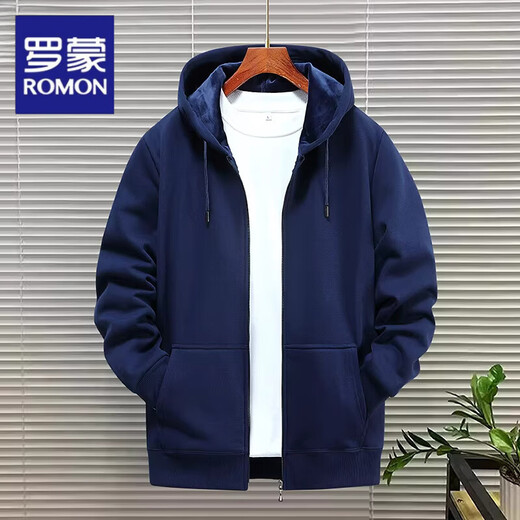 Luo Meng 2026 heavyweight cardigan sweatshirt for men and women hooded plus velvet thickening American loose large size autumn and winter couple zipper jacket spring and autumn solid color-dark blue XL 130-145Jin Jin equals 0.5 kg