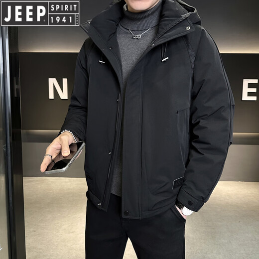 JEEP Мужской пуховик с капюшоном Jeep, зима 2026, новая морозостойкая одежда, утолщенная теплая ветрозащитная куртка, мужская короткая свободная черная XL 135-155Jin Jin равна 0,5 кг