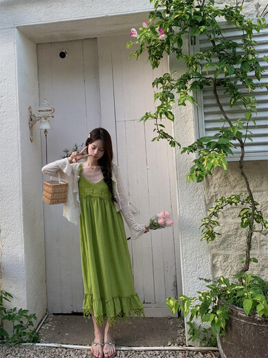 Gem City high-end white suspender dress draped bohemian travel seaside vacation skirt super fairy dress 4333 long skirt M
