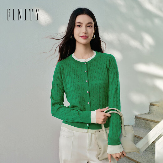 FINITY 26 spring new products new knitted sweaters simple small fragrance fake two-piece round neck cardigan for women green S