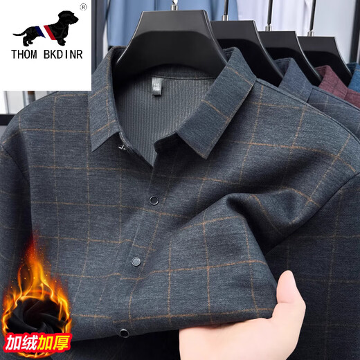THOM BKDINR汤姆.布朗羊毛保暖蚕丝衬衫长袖加绒加厚衬衣中老年商务休闲格子 628灰色 加绒 XL 135-150斤穿