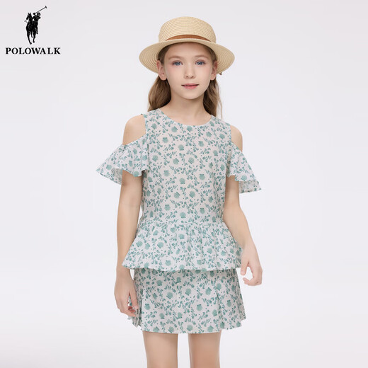 POLOWALK 100% cotton children's clothing girls short-sleeved shirt 2026 summer new printed off-shoulder top green 120