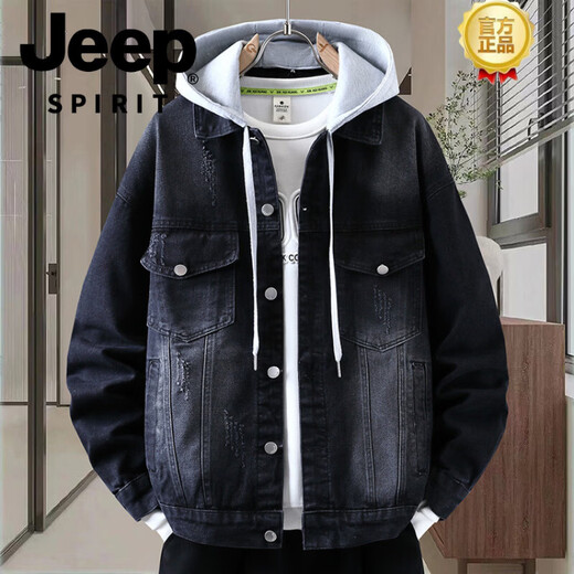 JEEP SPIRIT2026 Spring and Autumn Denim Jacket Boys' Sweater Trendy Loose Hooded Design Hong Kong Style Casual Handsome Jacket Plus Size Men's Clothing - Navy Blue M