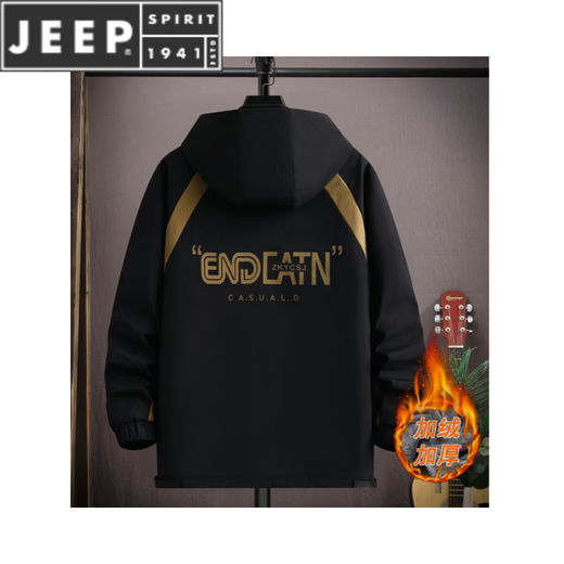 JEEP SPIRIT秋冬季连帽夹克男士加绒加厚运动套装拼色风衣痞帅工装冲锋衣外套 2366黑色 加 绒款 L