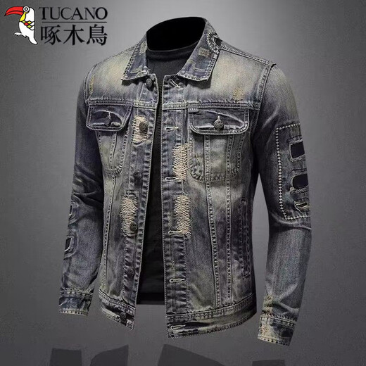 Дятел (TUCANO) Американская джинсовая куртка с маркировкой в ​​стиле ретро, ​​мужская корейская тонкая модная марка европейского и американского уличного ночного клуба, велосипедная мотоциклетная куртка, черная джинсовая куртка с двойным карманом XL