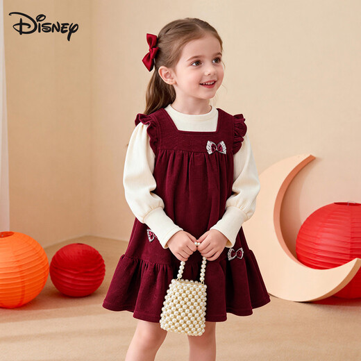 Disney (Disney) New Year Red Princess Dress Set 26 Winter Girls New Year's Clothes Plus Velvet Bottoming Shirt + Dress Two-piece Set 110