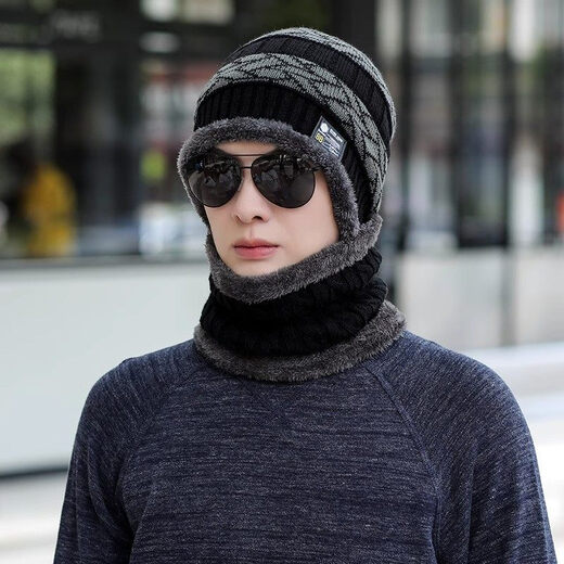 Aoyanlai plus velvet warm hood for men and women, ear protection knitted hat for autumn and winter cycling, black (ear protection hat), plus velvet and thickening, high elasticity, one size fits all - cold and windproof - upgraded warm material (same style for men and women)