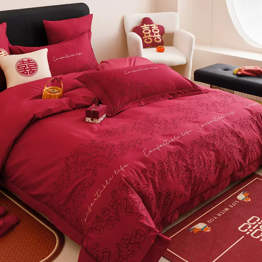 Yusenyi high-end cotton wedding four-piece set red pure cotton new wedding bedding sheets quilt cover female companion Xingyue Myth Red 3-1.8 meters bed sheet style four-piece set (quilt cover suitable for 200x2