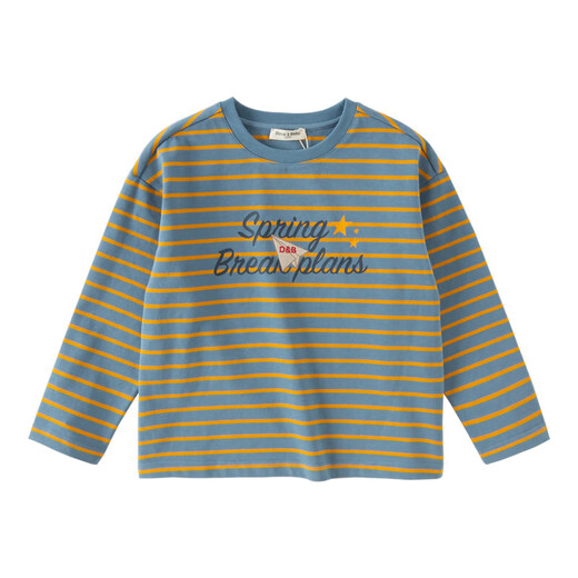 DAVE&BELLA boys' long-sleeved T-shirt pure cotton medium and large children's bottoming shirt 2026 new children's spring top little boy pullover blue stripe ready stock 160 cm (recommended height 150-160cm)
