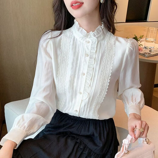 Playboy (PLAYBOY) French-style fungus-edged long-sleeved chiffon shirt for women 2026 autumn new chic age-reducing temperament top official flagship white S