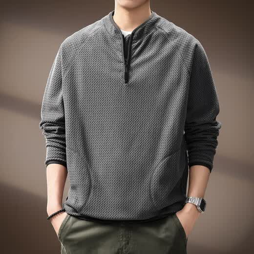 Noble color high-end American retro wavy pattern long-sleeved T-shirt men's spring and autumn new half-zip outdoor casual sweatshirt