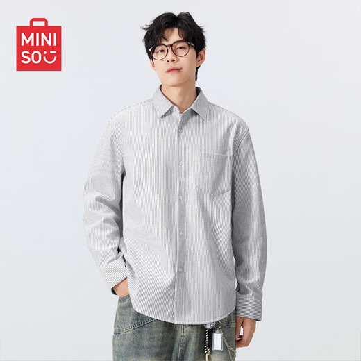 MINISO Oxford Spun Striped Long-Sleeved Shirt for Men 2026 Spring with Cuban Collar Jacket Trendy Brand Loose Boyish Shirt Oxford Spun Long-Sleeved Striped Gray and White Strips 2XL /185 (Weight 160-180Jin Jin is equal to 0.5 kg)