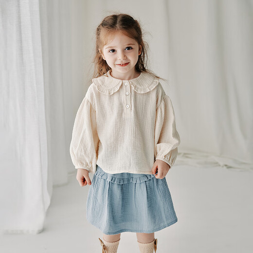 OAK FAMILY2026 Girls French Puff Sleeve Top Cotton Crepe T-shirt Baby Shirt Beige-Shirt 80