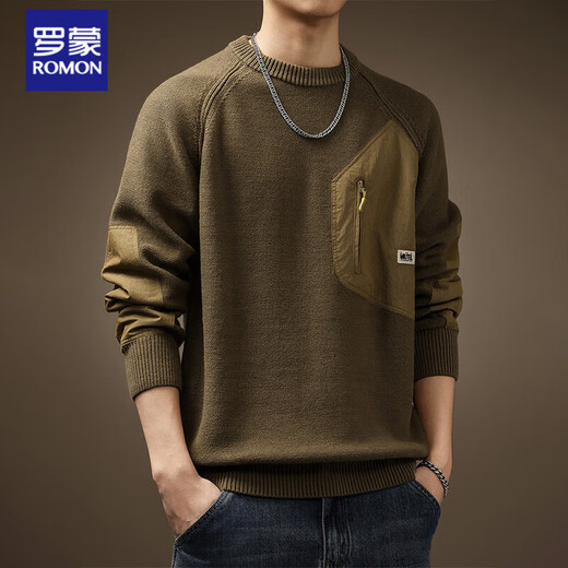 Romon Retro American Color Block Pocket Sweater Men's Autumn and Winter Thickened Loose Large Size Men's Knitwear Carbon Gray M
