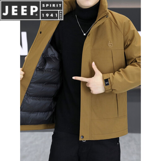 JEEP SPIRIT lightweight down jacket men's winter casual stand-up collar warm jacket embroidered cold weather jacket black M