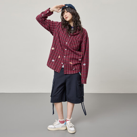 ELEMENT skateboard American trendy brand long-sleeved shirt women's street style retro plaid fun print casual couple jacket red S