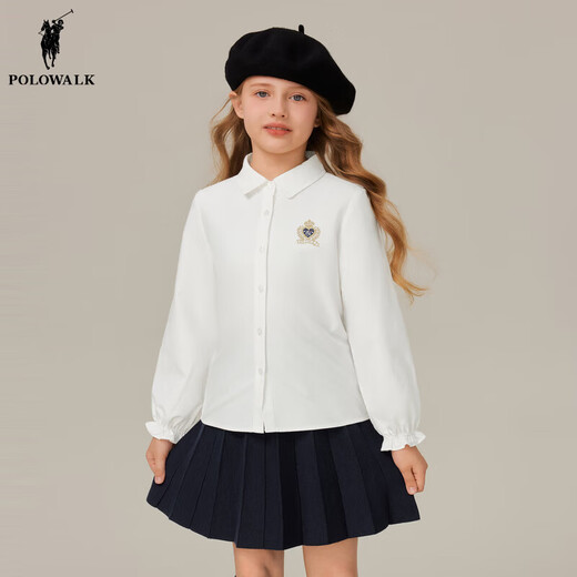 POLOWALK children's clothing girls long-sleeved shirt 2025 autumn new versatile casual middle and large children's lapel top white 120 120cm