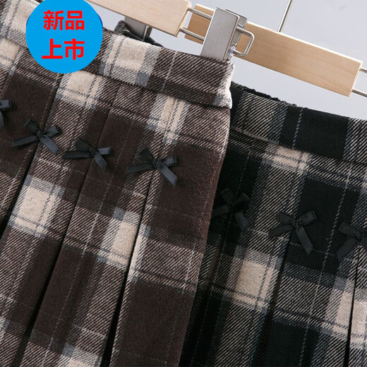 G.duck Girls Skirt Pleated Skirt Autumn and Winter 2025 New Children's Style Versatile Plaid Skirt Girls Skirt Autumn Horizontal Butterfly Woolen Skirt - Black and Gray Plaid 120