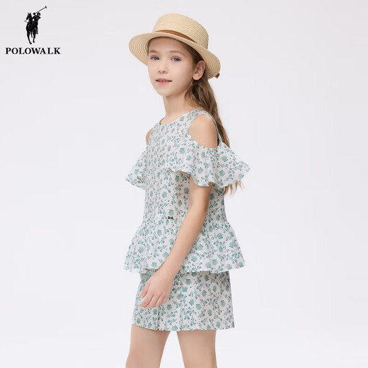 POLOWALK 100% cotton children's clothing girls short-sleeved shirt 2026 summer new printed off-shoulder top green 120