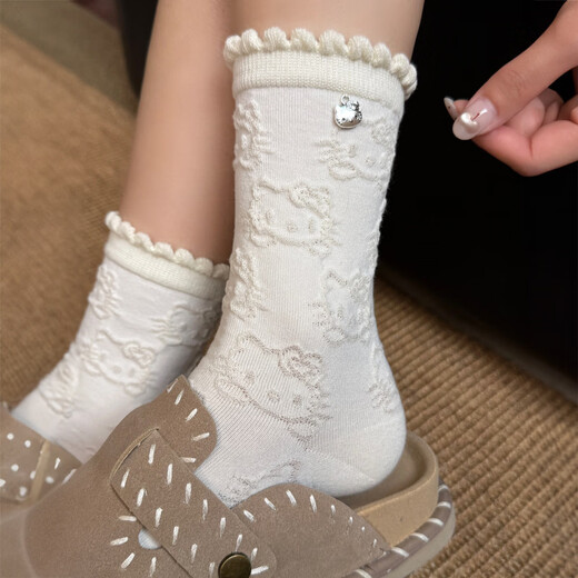 Modal Hello Kitty socks for women, lace pile socks, cartoon pendant cotton socks, cute spring and autumn mid-calf socks, 2 gray + 2 black, 4 pairs, one size fits all