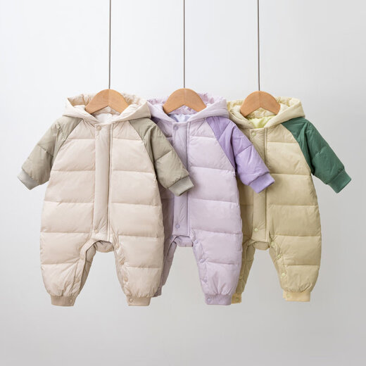 Disney (Disney) baby winter jumpsuit, baby thickened down jacket, outdoor clothing, rompers, children's white duck down warm hooded jacket, gray green, color-blocked down jacket one-piece 36cm 80
