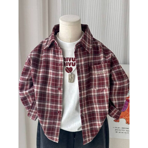 G.duck Korean style boys' brushed plaid shirt, handsome college style spring girl's thin long-sleeved jacket, fashionable red plaid shirt, same style for men and women 110 cm