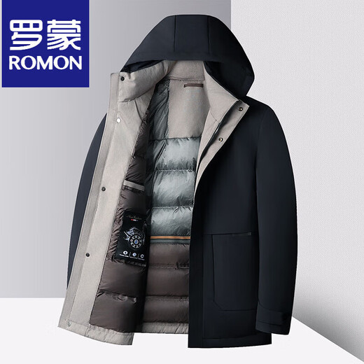ROMON 90% goose down high-end men's removable hood down jacket winter waterproof and warm business jacket for young and middle-aged men with removable liner navy blue 3XL 190 165-175Jin Jin is equal to 0.5 kg