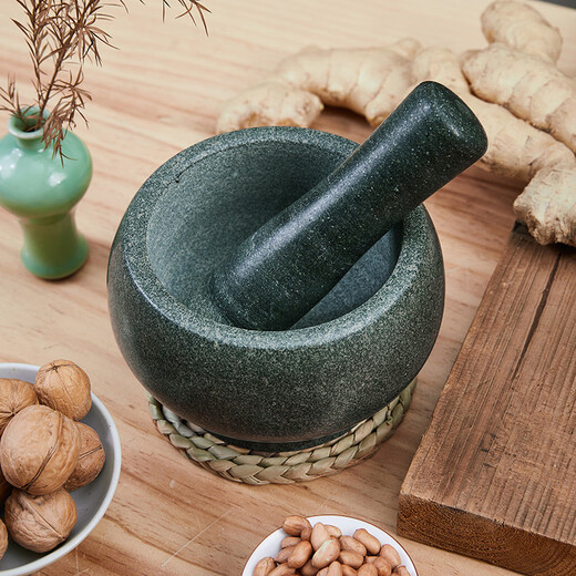 Miaopule natural medicine jar stone mortar household garlic pounder kitchen garlic masher press garlic green peel garlic masher food grinder small diameter 14CM comes with anti-splash lid